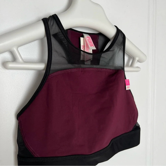 PINK Ultimate Mesh High Neck Crop Sports Bra Black Orchid Maroon  size S - Picture 4 of 7